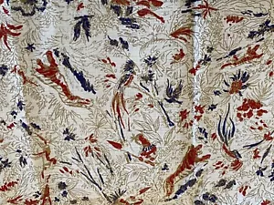 VINTAGE 1960s-1970'S Linen Screen Print Gold Red Blue White FABRIC floral plants - Picture 1 of 16