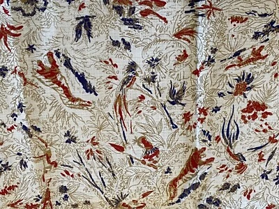 VINTAGE 1960s-1970'S Linen Screen Print Gold Red Blue White FABRIC floral plants - Image 1 of 4