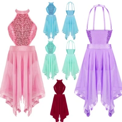 Kids Girls Lyrical Dance Dress Sequins Leotard Skirt Stage Performance Dancewear - Image 1 of 3