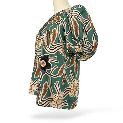 Ulla Johnson Jamilah Puff 短袖丝绸衬衫 Topaz-Navy-Tan 尺寸 2 二手状况完好 — 第 1/4 张图片