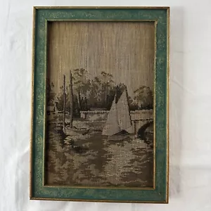 Antiguo puente de tapiz y veleros enmarcado en jacquard de La France Art Company años 20 - Imagen 1 de 12
