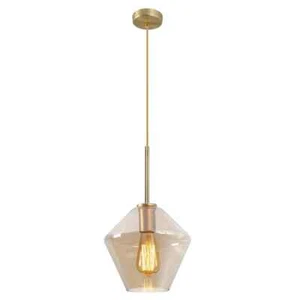 9.1 in. W x 8.5 in. H 1-Light Amber Glass Champagne Gold Pendant Light - Picture 1 of 5