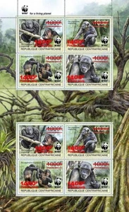 CHIMPANZEE Monkeys Red Foil OVERPRINT 8v-Stamp Sheet WWF #1 2019 Central Africa - Picture 1 of 1