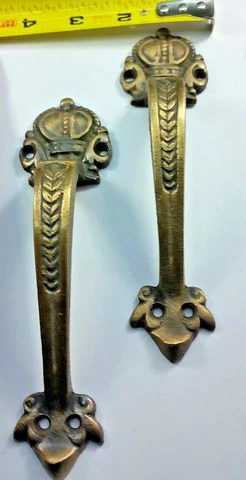 4 x #P10 Solid Brass large Crown Handles 6-3/4" Pulls Door Cabinet Ant. Style Cover