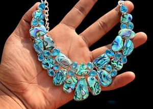 Abalone Shell Gemstone Necklace 925 Sterling Silver Abalone Shel Silver Necklace - Picture 1 of 3