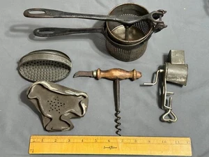 Lot PRIMITIVE Kitchen Farm Tin COOKIE CUTTER Chicken H&B Cork Screw RICER MASHER - Picture 1 of 19
