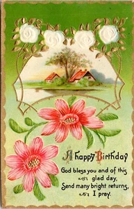 Alles Gute zum Geburtstag Gebet Postkarte mit rosa und weißen Blumen Vintage veröffentlicht - Bild 1 von 2