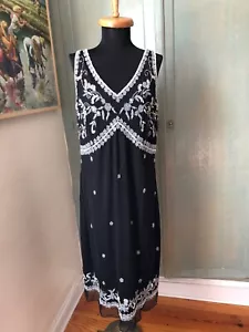 Marina Rinaldi Shift Dress Black Floral Blue White Bead Beaded Embroidered Sz 16 - Picture 1 of 12