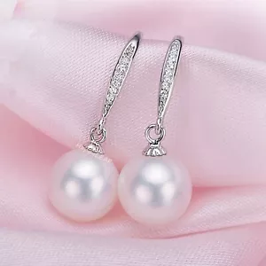 8-9/11-12mm Freshwater pearl drop dangle hoop Earrings Sterling Silver CZ bridal - Picture 1 of 12