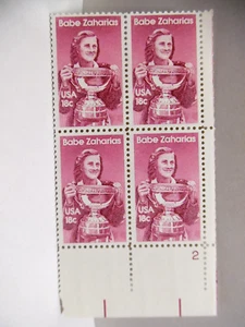 SCOTT STAMP # 1932 BABE ZAHARIAS 18 CENT PLATE BLOCK - MNH - Picture 1 of 1
