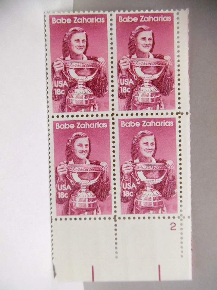 SCOTT STAMP # 1932 BABE ZAHARIAS 18 CENT PLATE BLOCK - MNH - Image 1 of 1