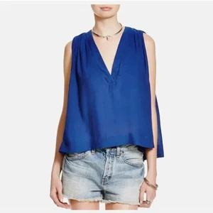 Free People Darcy V Neck Sleeveless Hi Lo Blouse Blue Women's L Flowy Swing - Picture 1 of 7