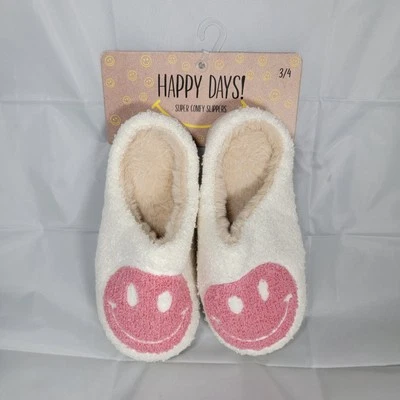 Kids 3/4 Pink Happy Days Smile Face Slippers Retro Warm Cozy Comfy House Indoor - Image 1 of 4
