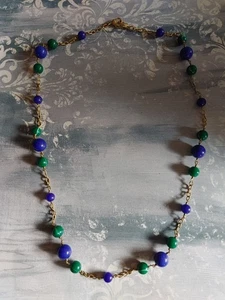 Vintage gold chain wire wrap bead necklace purple agate green art glass heart - Picture 1 of 4