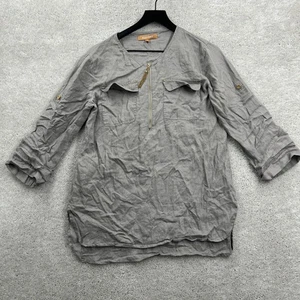Ellen Tracy 100% Linen Tunic Blouse Womens Size Small Beige Roll Tab Zip Henley - Bild 1 von 11