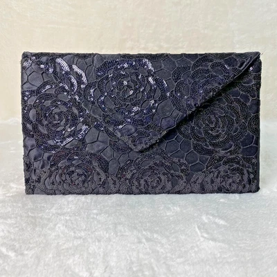 优雅黑色亮片花卉花边手拿包 - 缎面信封袋 12x7 英寸正式活动 — 第 1/4 张图片