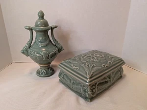 Vintage Seladon Glasur grün Keramik Deckel Vase & Schmuckdose Kommode Set - Bild 1 von 8