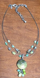 18" Chicos Metal Necklace Boho Layered Strands Green Chunky Beads 1" Pendent - Picture 1 of 6