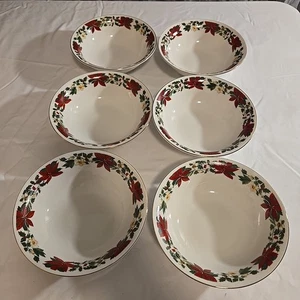 6 -Vintage Gibson Everyday Poinsettia Holiday White/Red Floral Soup/Cereal Bowls - Picture 1 of 5