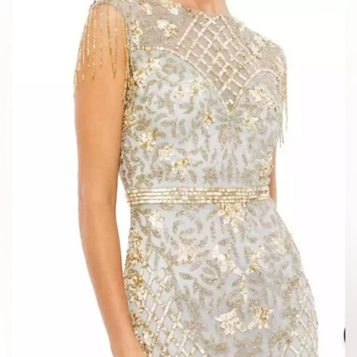 Новый с Ярлыками Mac Duggal 4908 украшенный бисером бахрома крышка рукав платье Wm's 14 платина - Изображение 1 из 4