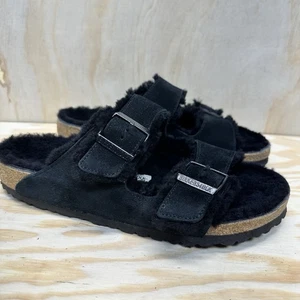Birkenstock Arizona Shearling Suede Leather Sandal Black Sz 41 - Picture 1 of 10