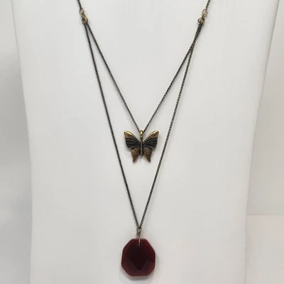 Lucky Brand Butterfly Red Stone Layered Chain Necklace Brass Tone Boho Coquette - Image 1 of 4
