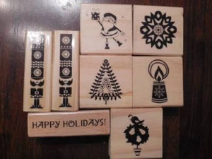Wood Block Rubber Stamps Christmas:Santa, Candle,Tree,toy soldier etc...8 Lot - Picture 1 of 3