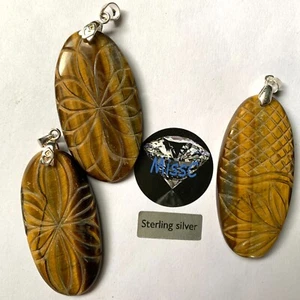 HAND CARVED TIGERS EYE WITH 925 STAMPED STERLING SILVER BAIL, CHOOSE 1, 2 OR 3 - Picture 1 of 19