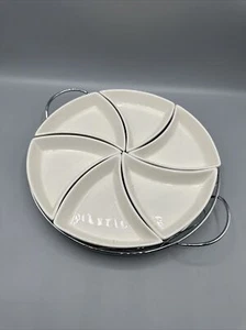 Godinger Siena 6 Part Relish Server Tray White Porcelain Chrome Holder 10.5" - Picture 1 of 8