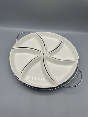 Godinger Siena 6 Part Relish Server Tray White Porcelain Chrome Holder 10.5" - Image 1 of 4