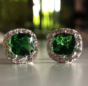2 cwt Lab-Created Green Emerald & Diamond Cushion Earrings 18k White Gold Plated - Picture 1 of 16