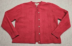 VTG Eddie Bauer Cardigan Sweater Womens Large Red Wool Blend Fair Isle Snowflake - Picture 1 of 10