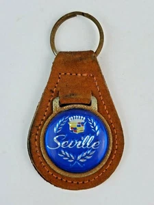Vintage Cadillac Seville Logo Leather Keychain KeyRing FOB Tab Brown - Picture 1 of 5