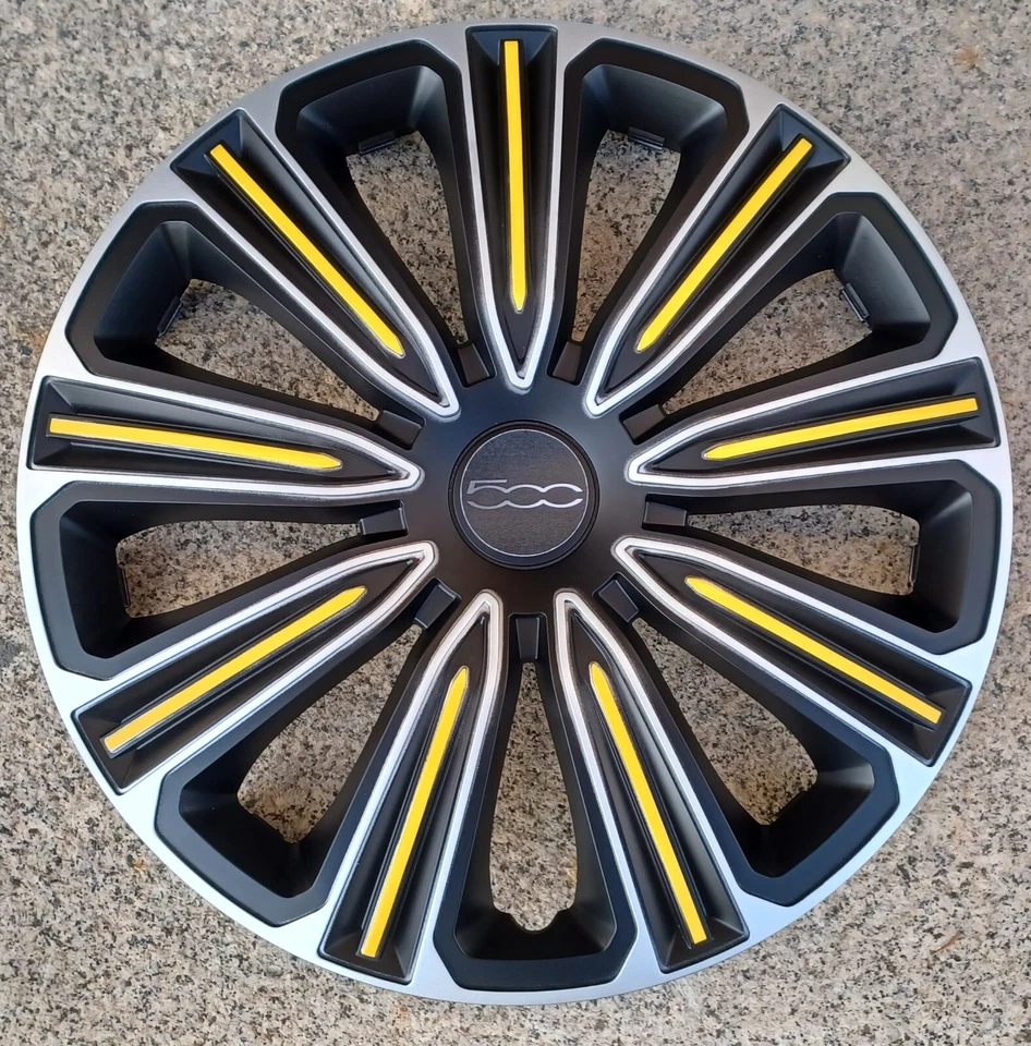 4 Alu-Design Radkappen 14 Zoll ROSSO gelb/schwarz/silber für Fiat 500 - Bild 1 von 1