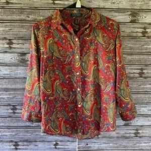 Lauren Ralph Lauren Petites Long-Sleeved Button-Down Top Size MP Red Paisley - Picture 1 of 10