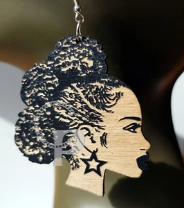 Pendientes Africanos Afro Silueta Madera Grabada Pelo Natural Afro Puff Negro - Imagen 1 de 2