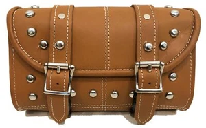 10" LIGHT BROWN STUDDED MOTORCYCLE LEATHER WINDSHIELD TOOL BAG FOR HONDA - HX25 - Picture 1 of 5