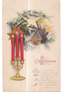 BESTE WEIHNACHTSWÜNSCHE beleuchtete rote Kerze Stern Haus Nachtszene Postkarte DB 1926 - Bild 1 von 2
