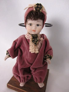 Small China Doll 6 ins Mauve Jumpsuit Gold Braid Trim Brown Hair Painted Eyes - Picture 1 of 3