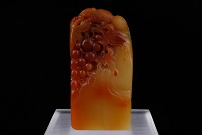 0037 Natural Shoushan Fuyong Stone Seal Stamp with Squirrel on Grapes Carving - Image 1 of 4