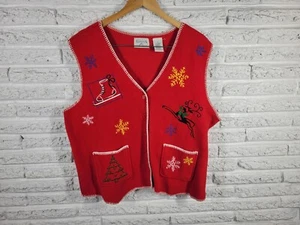 Christmas Basic Editions Womens Top 1X Plus Vest Fleece Red Button Embroidered - Picture 1 of 7