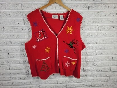 Christmas Basic Editions Womens Top 1X Plus Vest Fleece Red Button Embroidered - Image 1 of 4