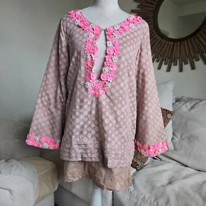 Manoush Sz 4 Embellished Mini Beige Pink Layered Long Sleeve Tunic Cotton Dress - Picture 1 of 9