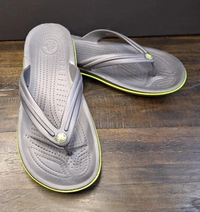 Crocs Men’s Size 9/ Women’s Size 11 Gray w/Green Trim Flip-Flop Thong Sandals - Picture 1 of 12