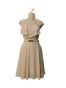 H&M Damen Kleid Gr. 6 pfirsich beige Rüschen Ausschnitt Gürtel gefüttert Party leicht - Bild 1 von 7