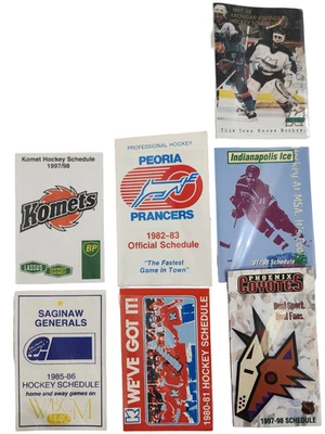 Lote de 7 horarios de bolsillo de hockey IHL 1980-98 Komets Ice K-Wings Coyotes Prancers Foto 1 de 2