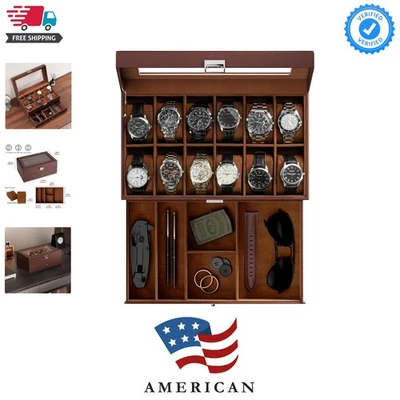 Vitrina de reloj espresso de lujo - Diseño de 2 capas para 12 relojes y accesorios Foto 1 de 4