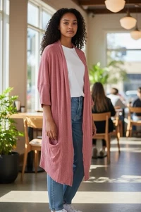 L/XL PACT 100% Organic Cotton Long Cardigan Pockets Heathered Cherry Pink - Picture 1 of 11