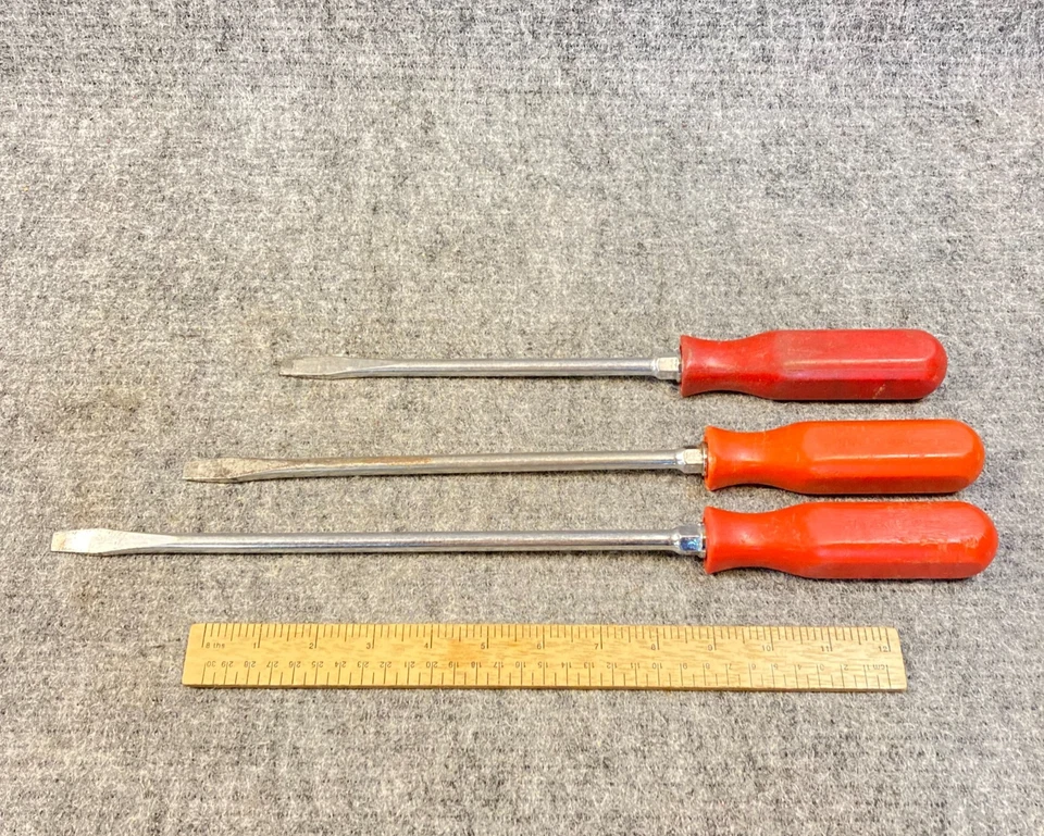Mac Tools Screwdriver Lot 3 Pc Flat Slotted Hard Red Handle 12" 10" & 8" USA - Image 1 of 4