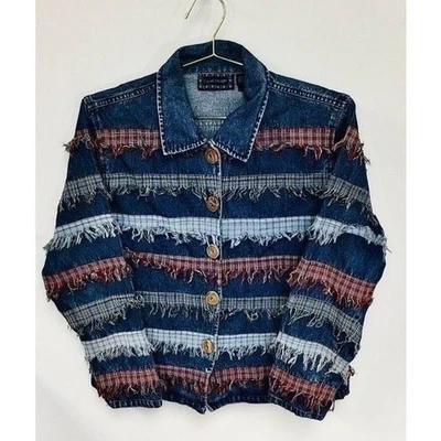 Chaqueta vaquera mediana vintage de diseños informales para mujer con flecos azules capas rayas Foto 1 de 4